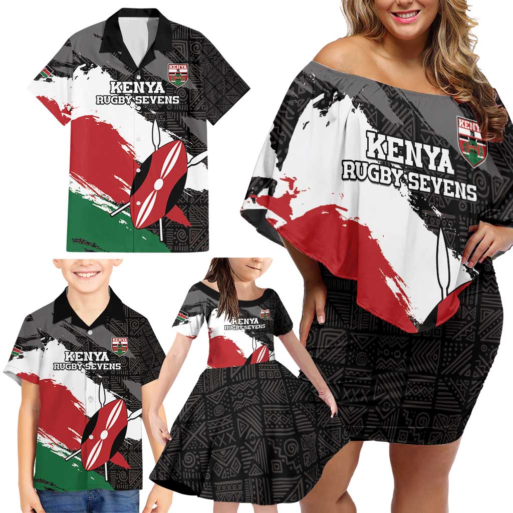 Custom Kenya Rugby Sevens Family Matching Off Shoulder Short Dress and Hawaiian Shirt African Pattern - Grunge Style