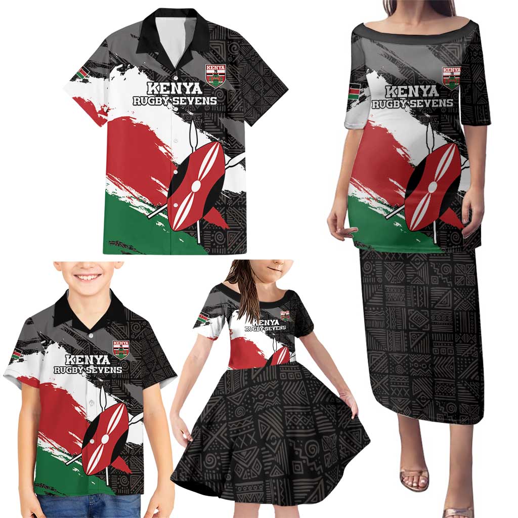 Custom Kenya Rugby Sevens Family Matching Puletasi and Hawaiian Shirt African Pattern - Grunge Style