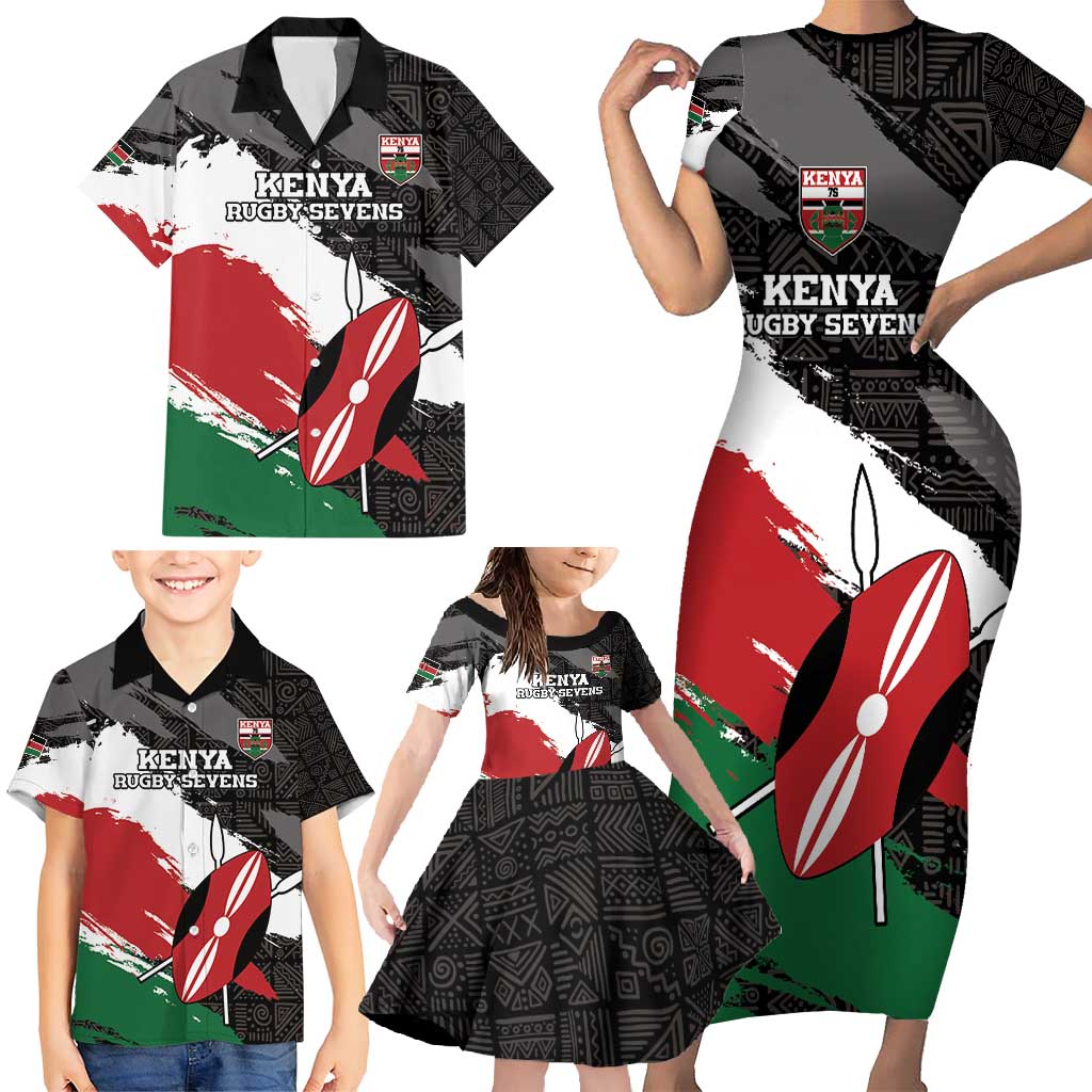 Custom Kenya Rugby Sevens Family Matching Short Sleeve Bodycon Dress and Hawaiian Shirt African Pattern - Grunge Style