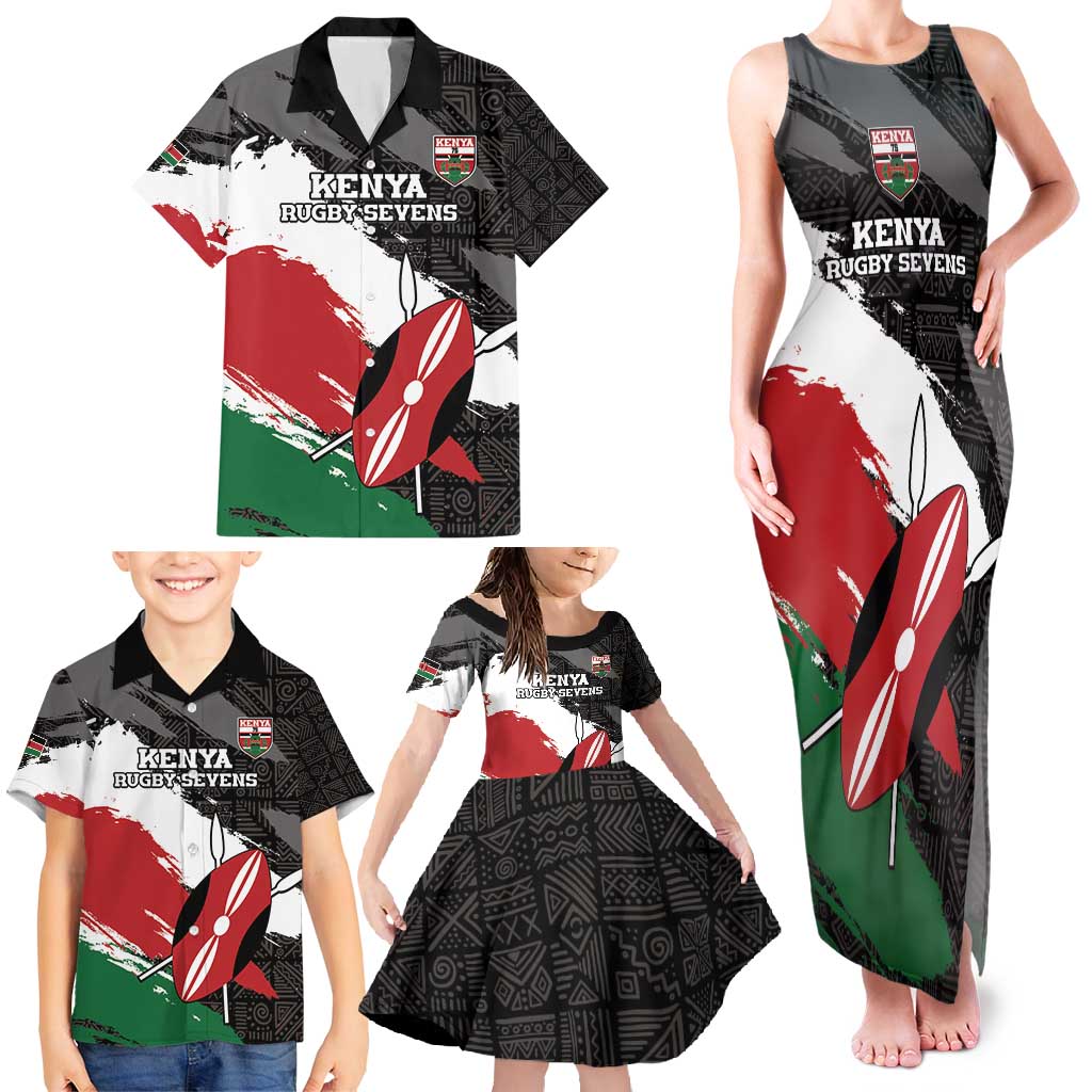 Custom Kenya Rugby Sevens Family Matching Tank Maxi Dress and Hawaiian Shirt African Pattern - Grunge Style