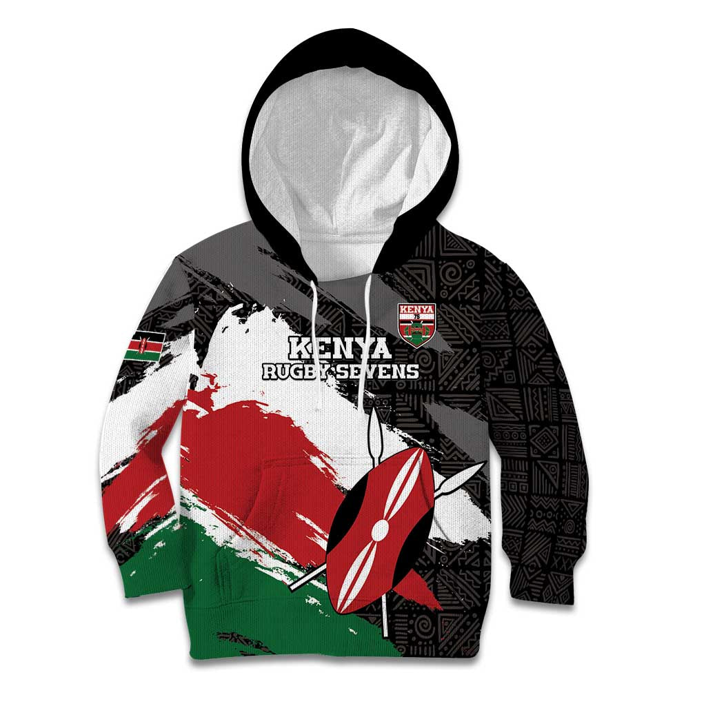 Custom Kenya Rugby Sevens Kid Hoodie African Pattern - Grunge Style - Wonder Print Shop