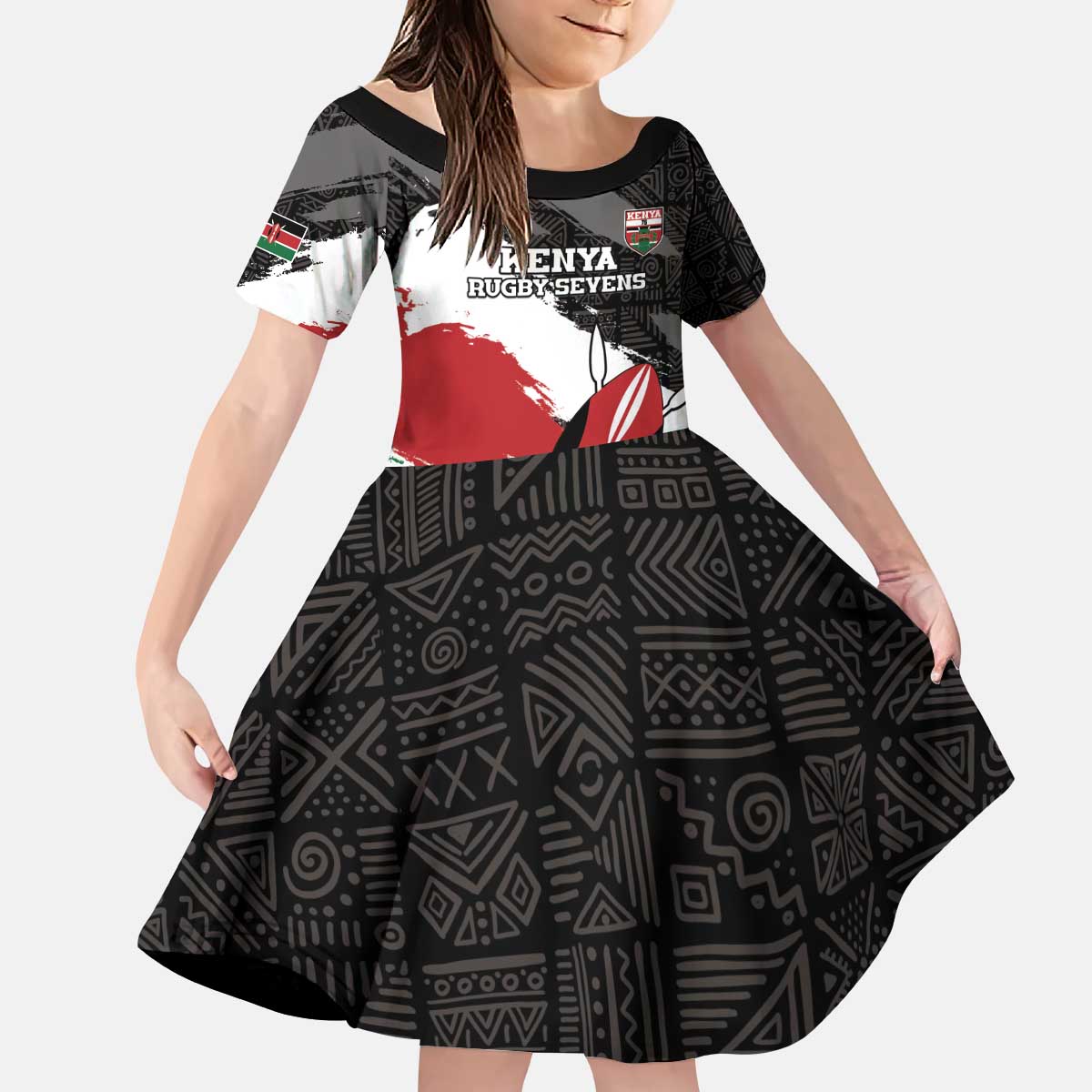 Custom Kenya Rugby Sevens Kid Short Sleeve Dress African Pattern - Grunge Style