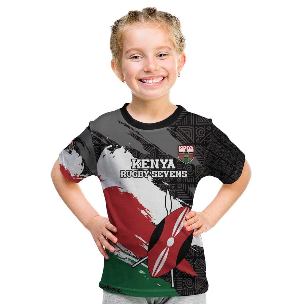 Custom Kenya Rugby Sevens Kid T Shirt African Pattern - Grunge Style - Wonder Print Shop