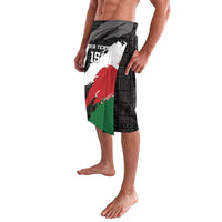 Men's wrap-style lavalava with white front graphic, red brush stroke, green panel