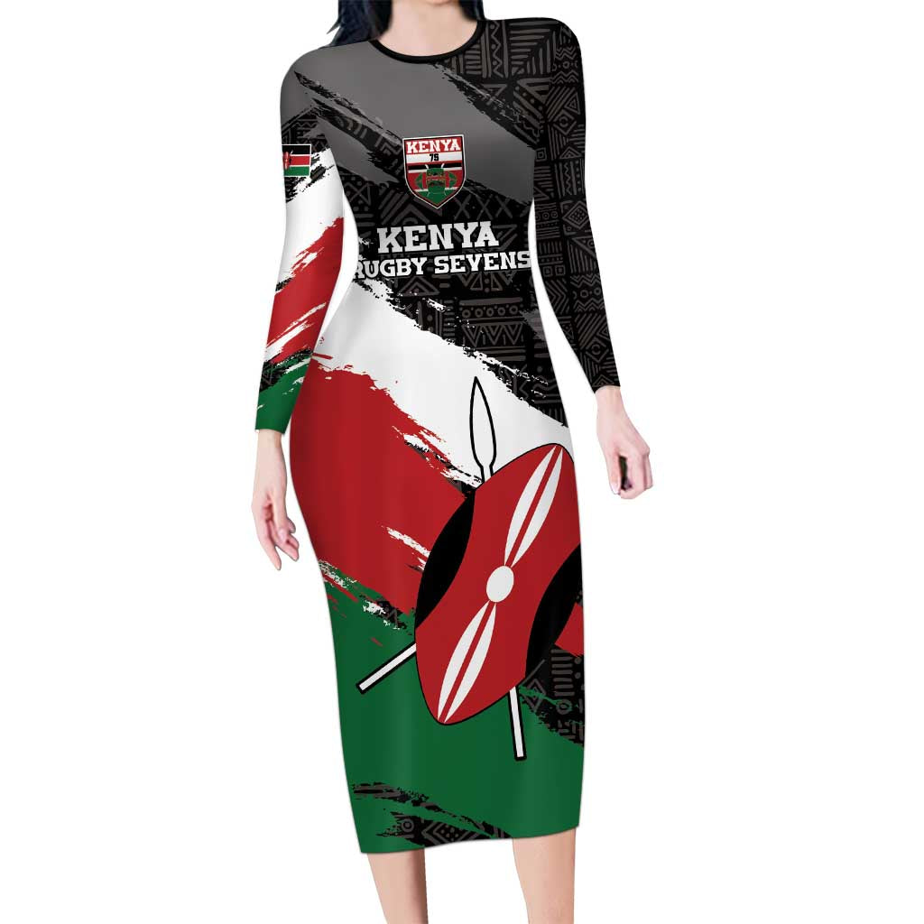 Custom Kenya Rugby Sevens Long Sleeve Bodycon Dress African Pattern - Grunge Style - Wonder Print Shop