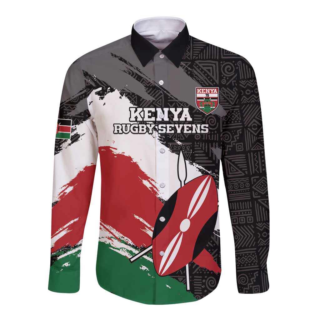 Long sleeve rugby button shirt with Kenya Rugby Sevens text and surf graphic