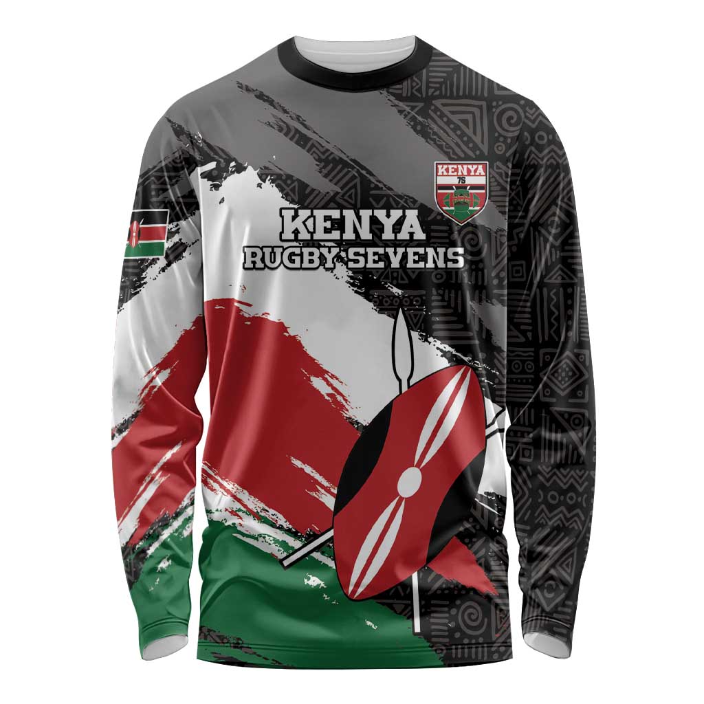 Custom Kenya Rugby Sevens Long Sleeve Shirt African Pattern - Grunge Style - Wonder Print Shop