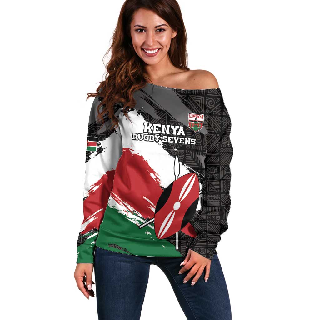 Custom Kenya Rugby Sevens Off Shoulder Sweater African Pattern - Grunge Style - Wonder Print Shop