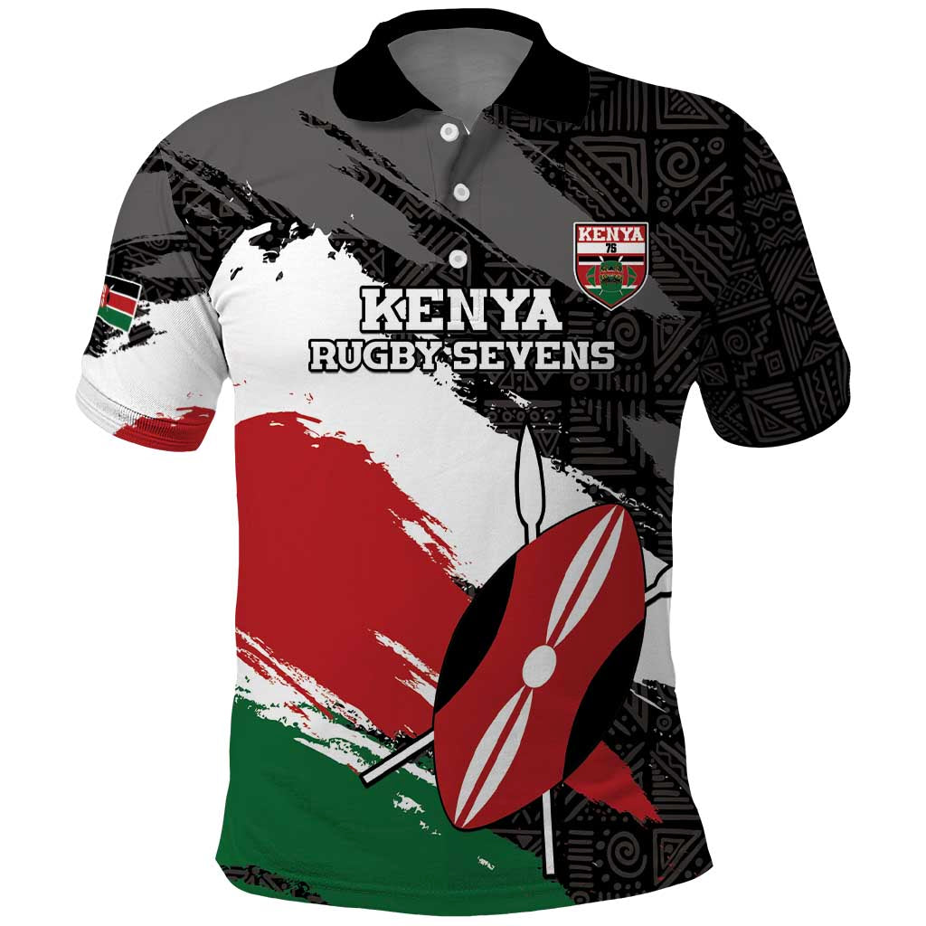 Custom Kenya Rugby Sevens Polo Shirt African Pattern - Grunge Style - Wonder Print Shop