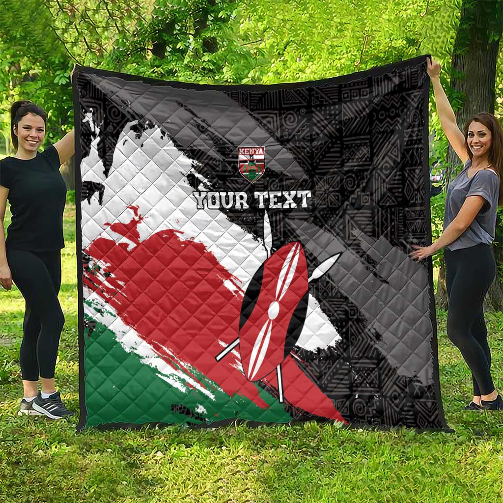 Large black quilt featuring Kenya flag grunge print, surfboard graphic, and custom text