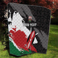 Quilt with Kenya flag grunge artwork on black, surfboard graphic, and custom text