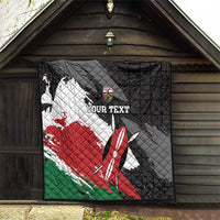 Kenya-themed quilt hanging under roof, black background with flag grunge and custom text