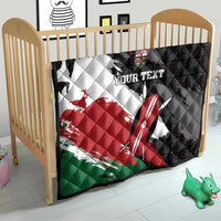 Kenya flag grunge quilt on a crib, black backing with surfboard graphic and custom text