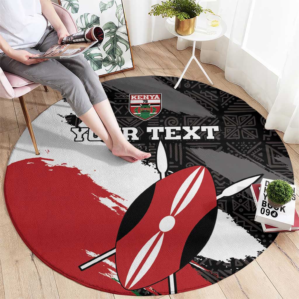 Round carpet with Kenya badge, large rugby ball and 'YOUR TEXT' banner