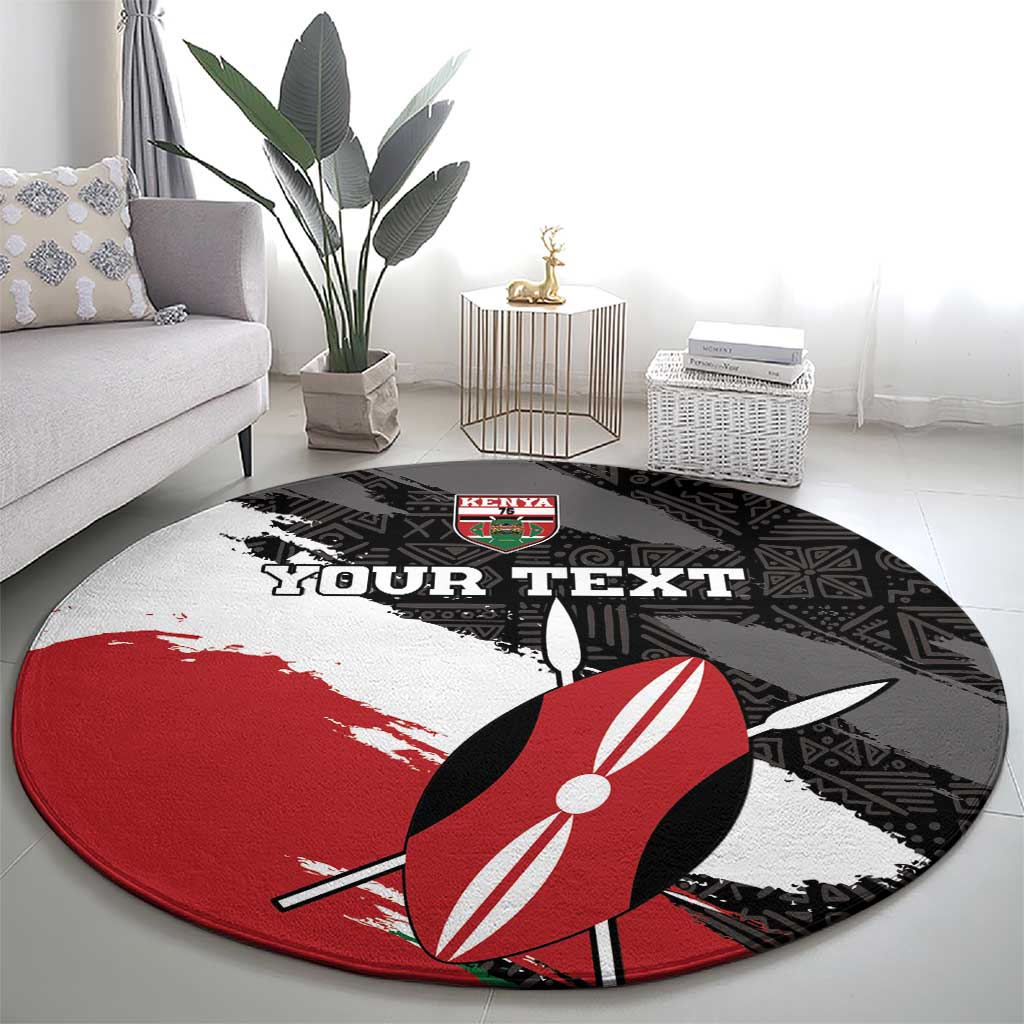 Round black rug with Kenya badge, 'YOUR TEXT' print and rugby ball design
