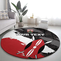 Round black rug with Kenya badge, 'YOUR TEXT' print and rugby ball design