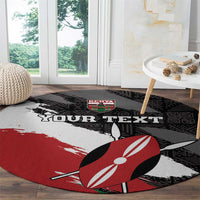 Round carpet with Kenya emblem, 'YOUR TEXT' text and red rugby ball accent
