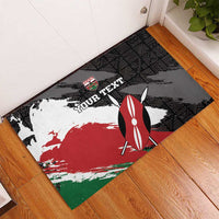 Custom Kenya doormat with rugby ball, red-white map, green corner on black geometric ground