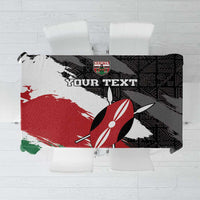 Black tablecloth with African pattern, red/white rugby ball graphic and “YOUR TEXT”