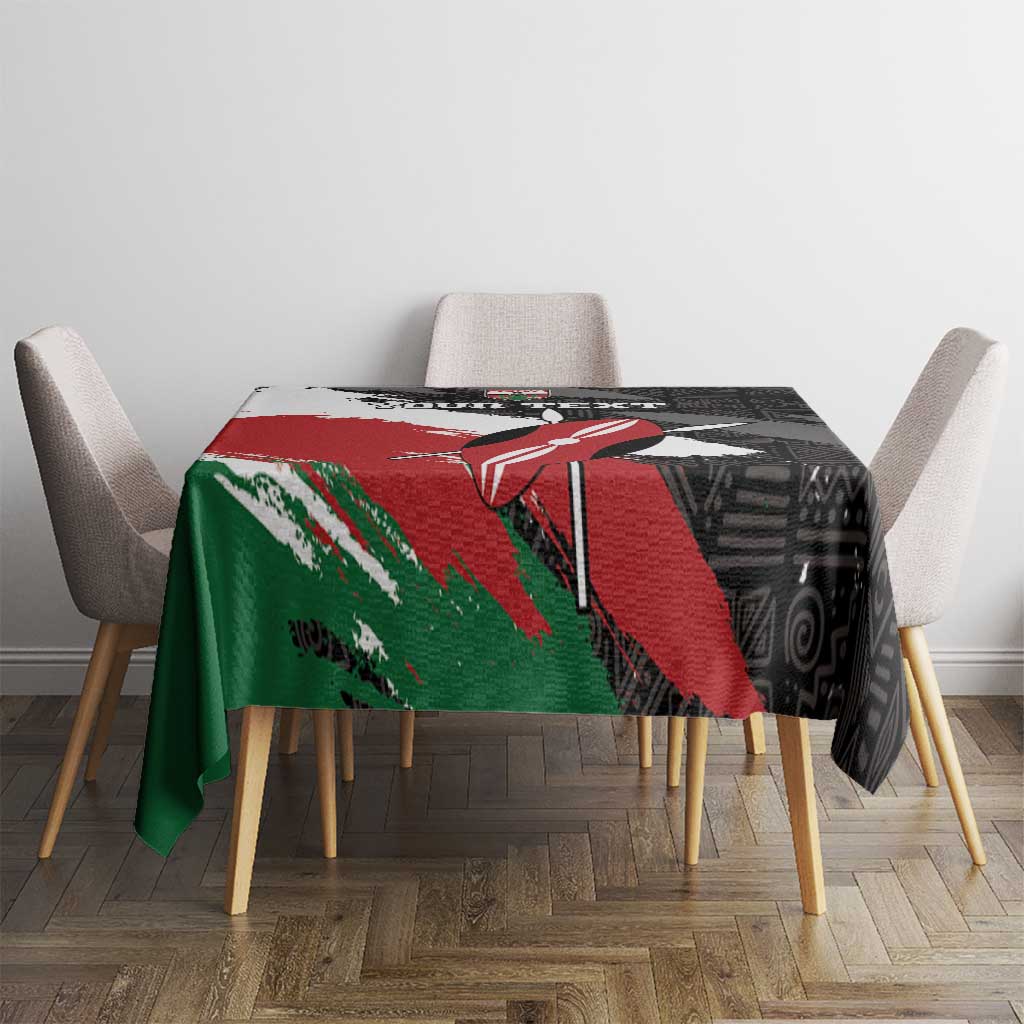Black tablecloth with red diagonal graphic and green brush-stroke pattern