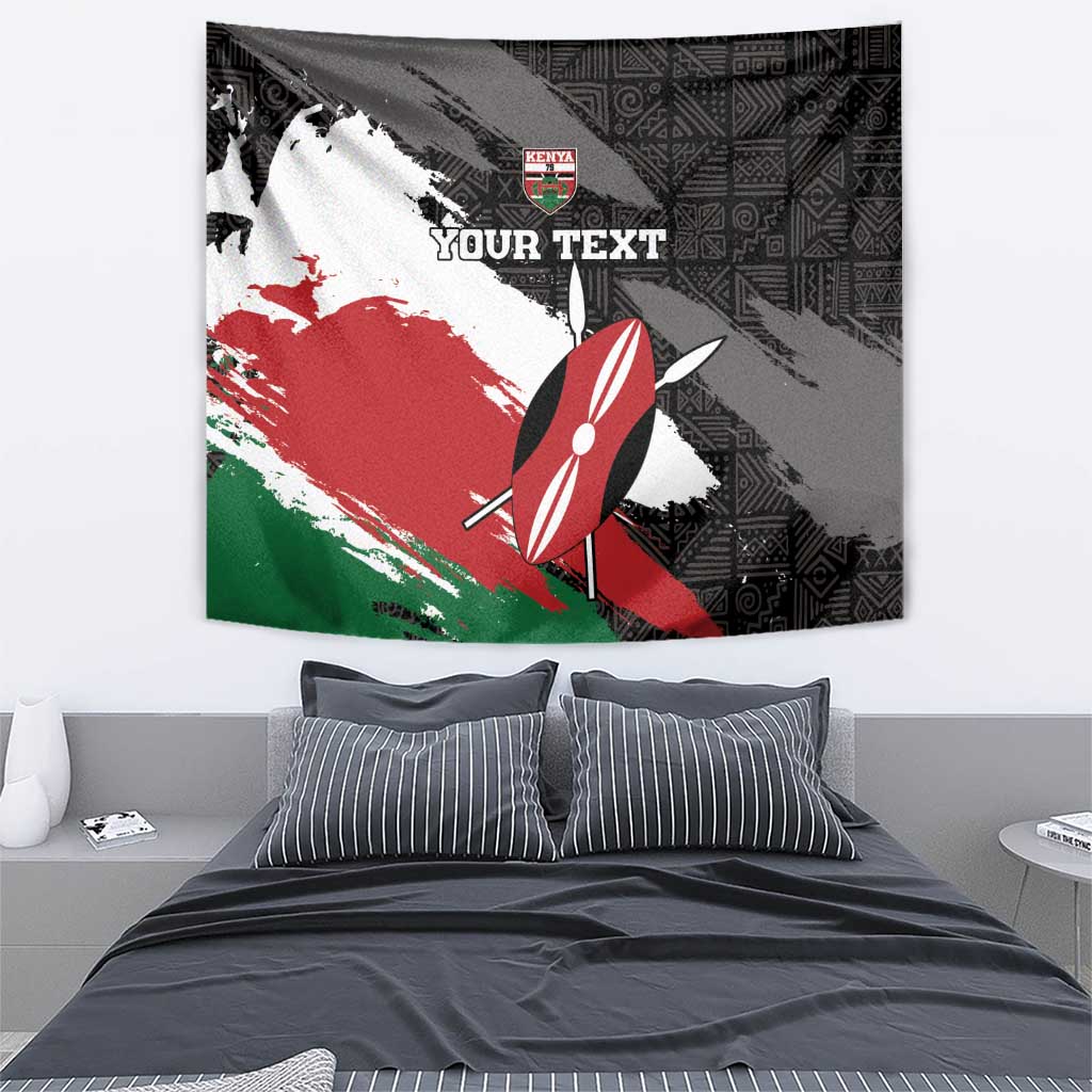 Kenya rugby wall tapestry with surfboard graphic over tribal geometric pattern, red white black