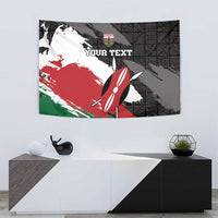 Kenya rugby wall tapestry with surfboard graphic and tribal geometric pattern, red white black green