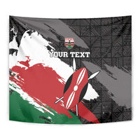 Kenya-themed rugby tapestry close-up with surfboard and tribal pattern, red white black green
