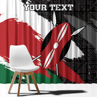 Close view of window curtain fabric with Kenya map grunge print in black, white, red, and green