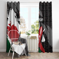 Two window curtain panels with Kenya grunge flag and map print in black and white with red accents