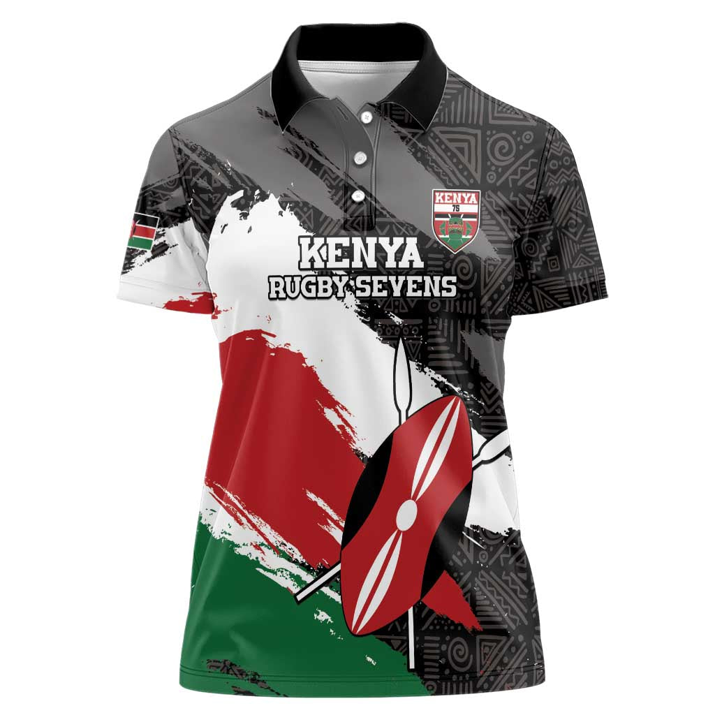 Custom Kenya Rugby Sevens Women Polo Shirt African Pattern - Grunge Style