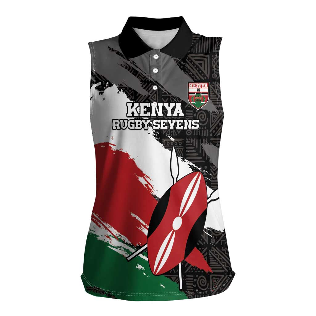 Custom Kenya Rugby Sevens Women Sleeveless Polo Shirt African Pattern - Grunge Style