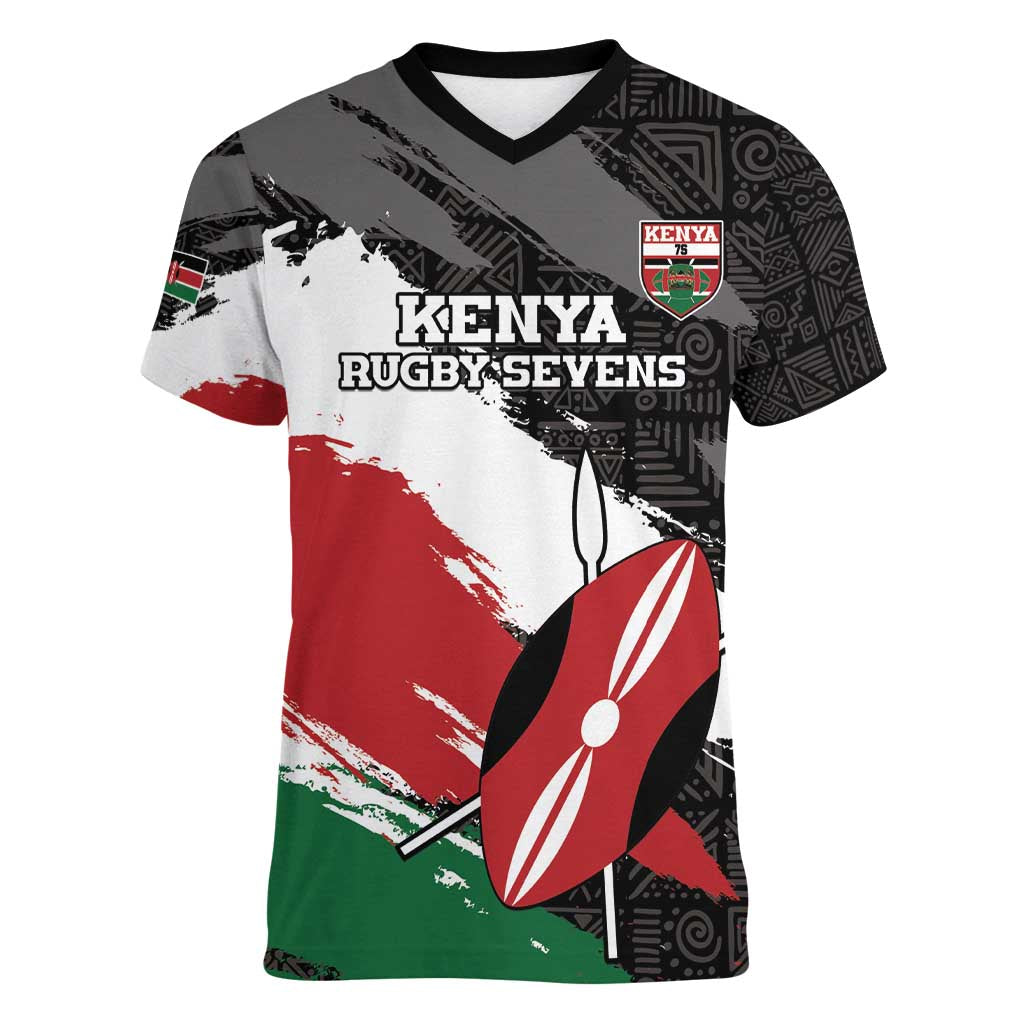 Custom Kenya Rugby Sevens Women V-Neck T-Shirt African Pattern - Grunge Style - Wonder Print Shop