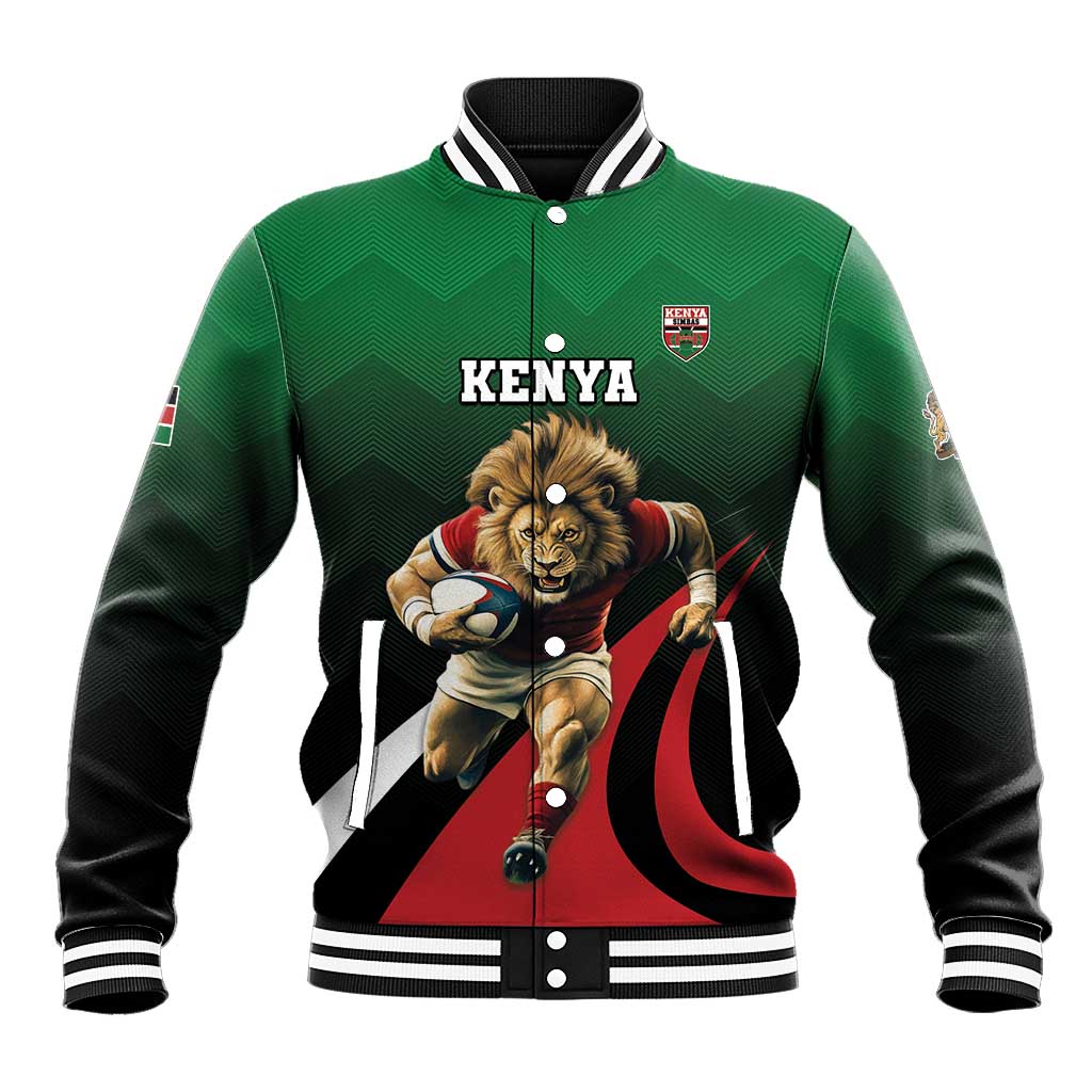 Green baseball jacket with ribbed collar, front lion and Kenya crest graphic