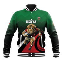 Green baseball jacket with ribbed collar, front lion and Kenya crest graphic