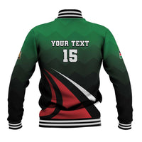 Green baseball jacket back with "YOUR TEXT" and "15" number, red-black-white graphic