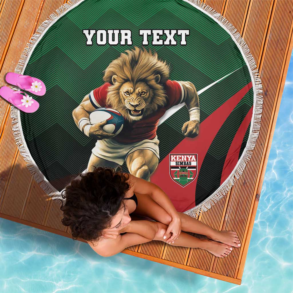 Round green lion rugby beach blanket with 'YOUR TEXT', Kenya crest, and white fringed border