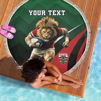 Round green lion rugby beach blanket with 'YOUR TEXT', Kenya crest, and white fringed border