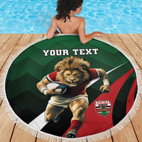 Round green rugby beach blanket with lion player, 'YOUR TEXT', and white fringed edge