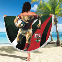 Round green lion rugby blanket with 'YOUR TEXT' and Kenya crest, white fringe around