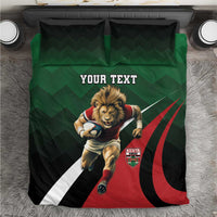 Green, black, and red rugby dog bedding set with two pillows and duvet, "YOUR TEXT".