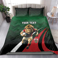 Green, black, and red rugby dog bedding set with two pillows and duvet, "YOUR TEXT".