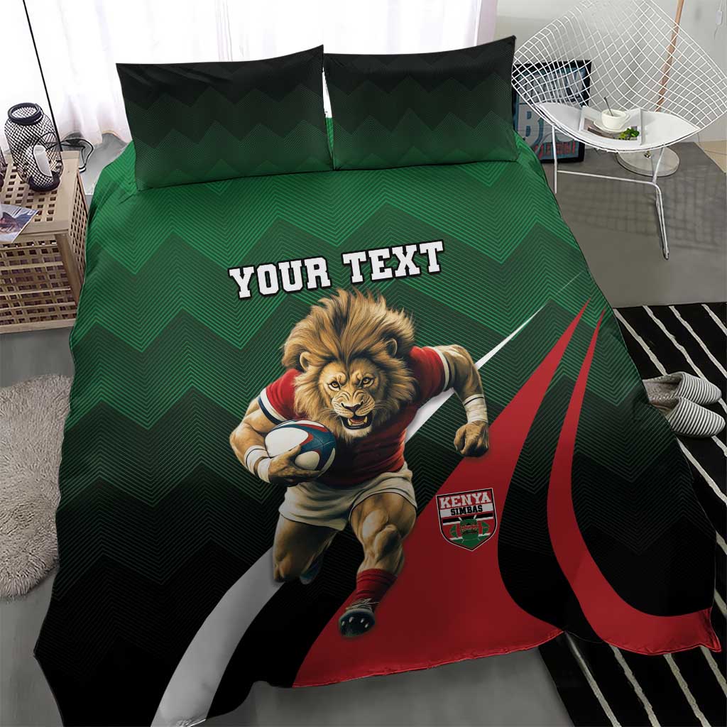 Green, black, and red rugby dog bedding set with two pillows and duvet, "YOUR TEXT".