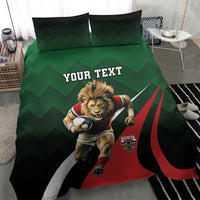 Green, black, and red rugby dog bedding set with two pillows and duvet, "YOUR TEXT".