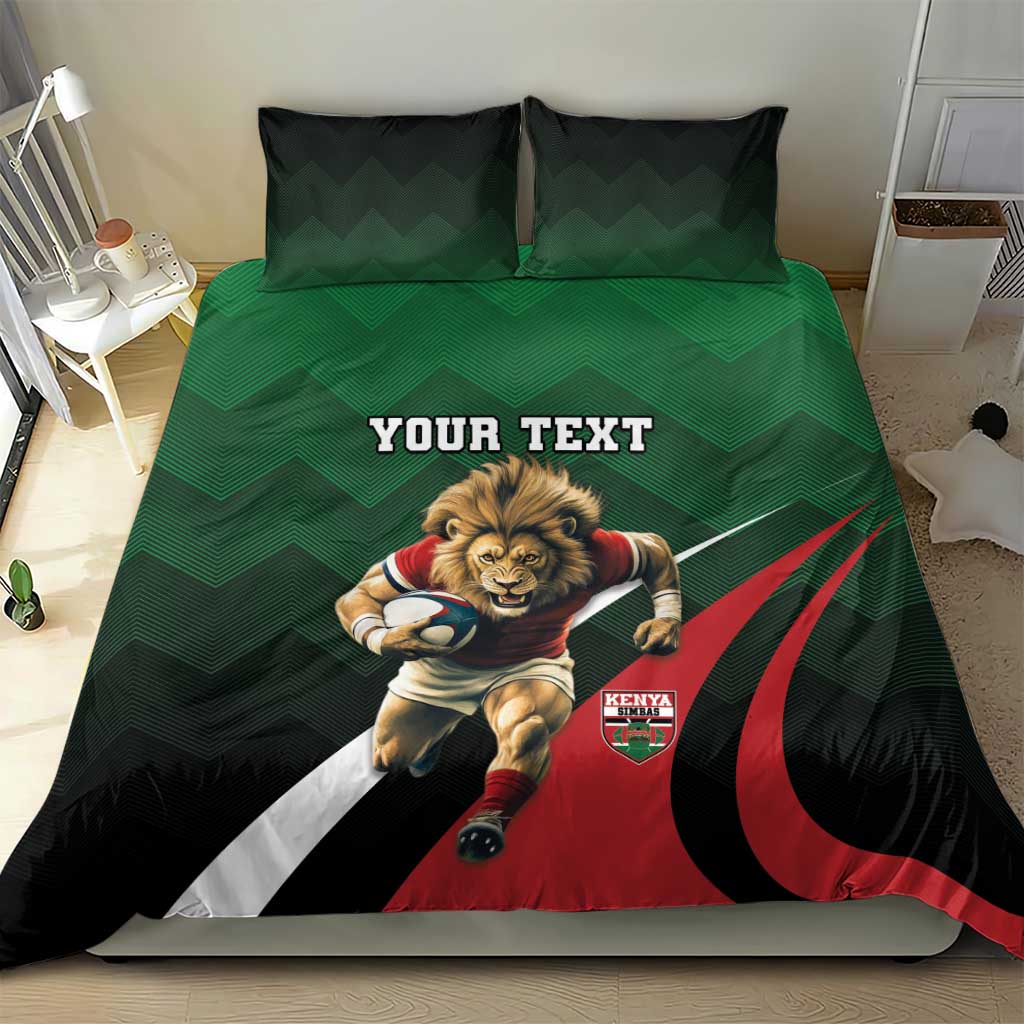 Green, black, and red rugby dog bedding set with two pillows and duvet, "YOUR TEXT".