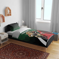 Green, black, and red rugby dog bedding set on bed with duvet and pillow, "YOUR TEXT".