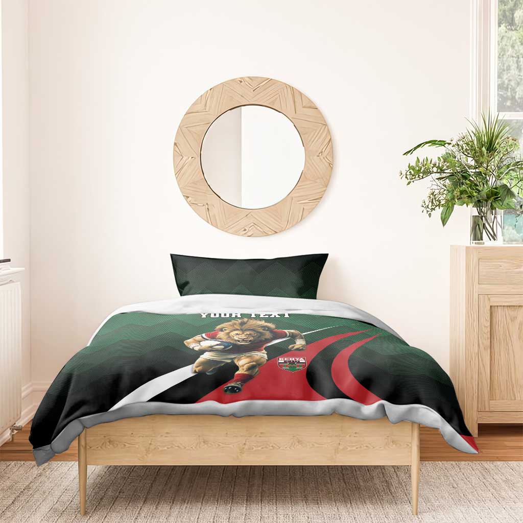 Green, black, and red rugby dog duvet with one pillow, "YOUR TEXT".