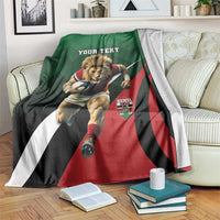 Custom rugby blanket in green with lion mascot and red black white diagonal stripes