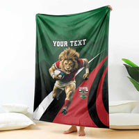 Green custom rugby blanket with lion mascot, Kenya crest, and red black white stripes
