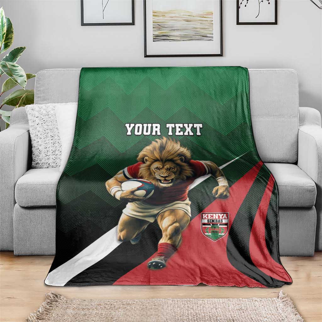 Custom rugby blanket draped on sofa, green lion mascot with red black white stripes