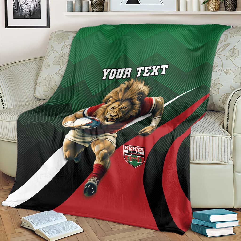 Green custom rugby blanket with lion mascot and Kenya crest, red black white diagonal stripes